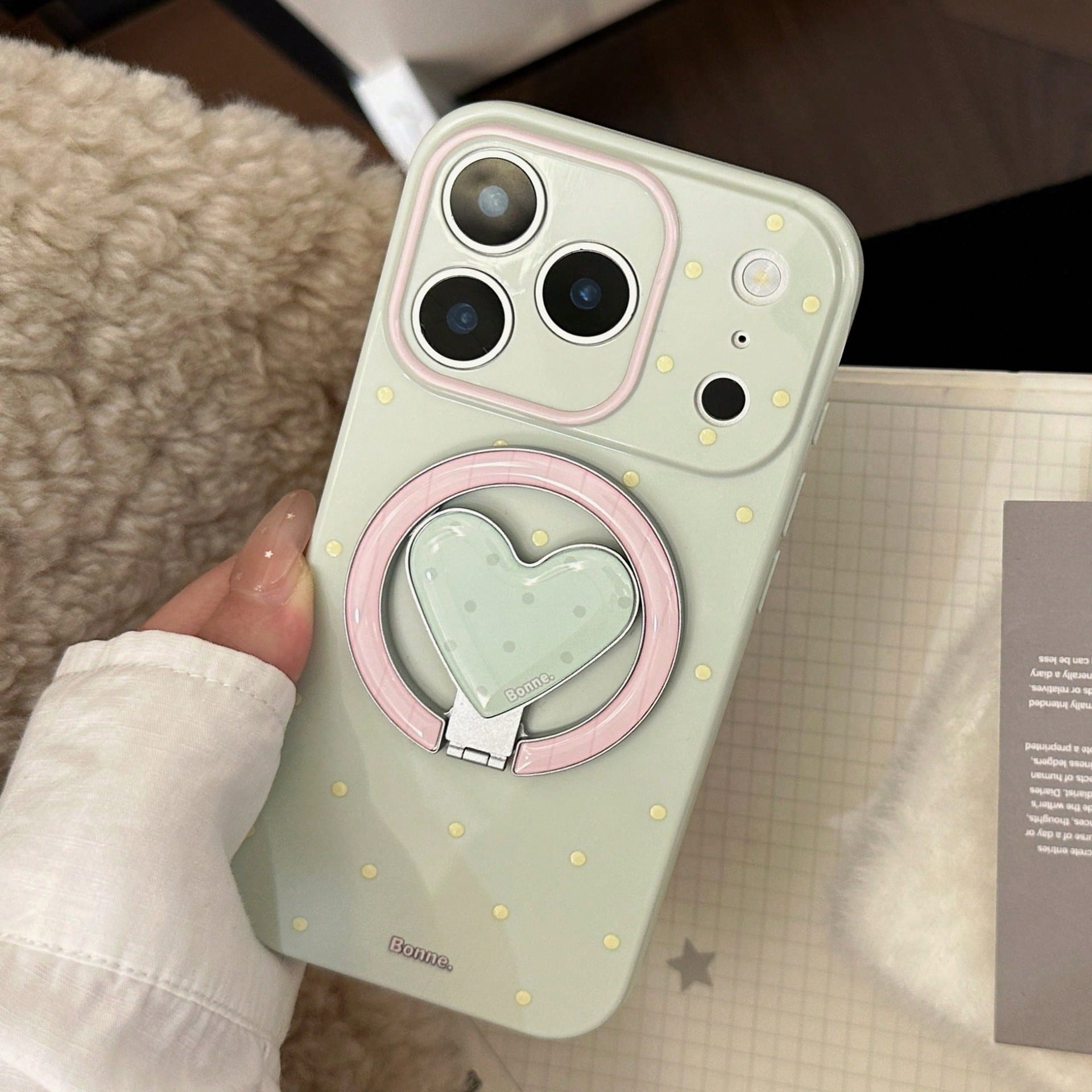 GUCADI Green Magnetic Phone Case With Pink And Lemon Polka Dots + Tiny Berry Polka Dots, Heart-Shaped Magnetic Stand, Fresh Unique Polka Dot Design, Compatible With IPhone 17 Pro Max, Full Coverage Pr