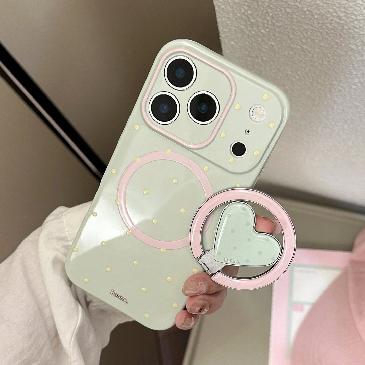 GUCADI Green Magnetic Phone Case With Pink And Lemon Polka Dots + Tiny Berry Polka Dots, Heart-Shaped Magnetic Stand, Fresh Unique Polka Dot Design, Compatible With IPhone 17 Pro Max, Full Coverage Pr