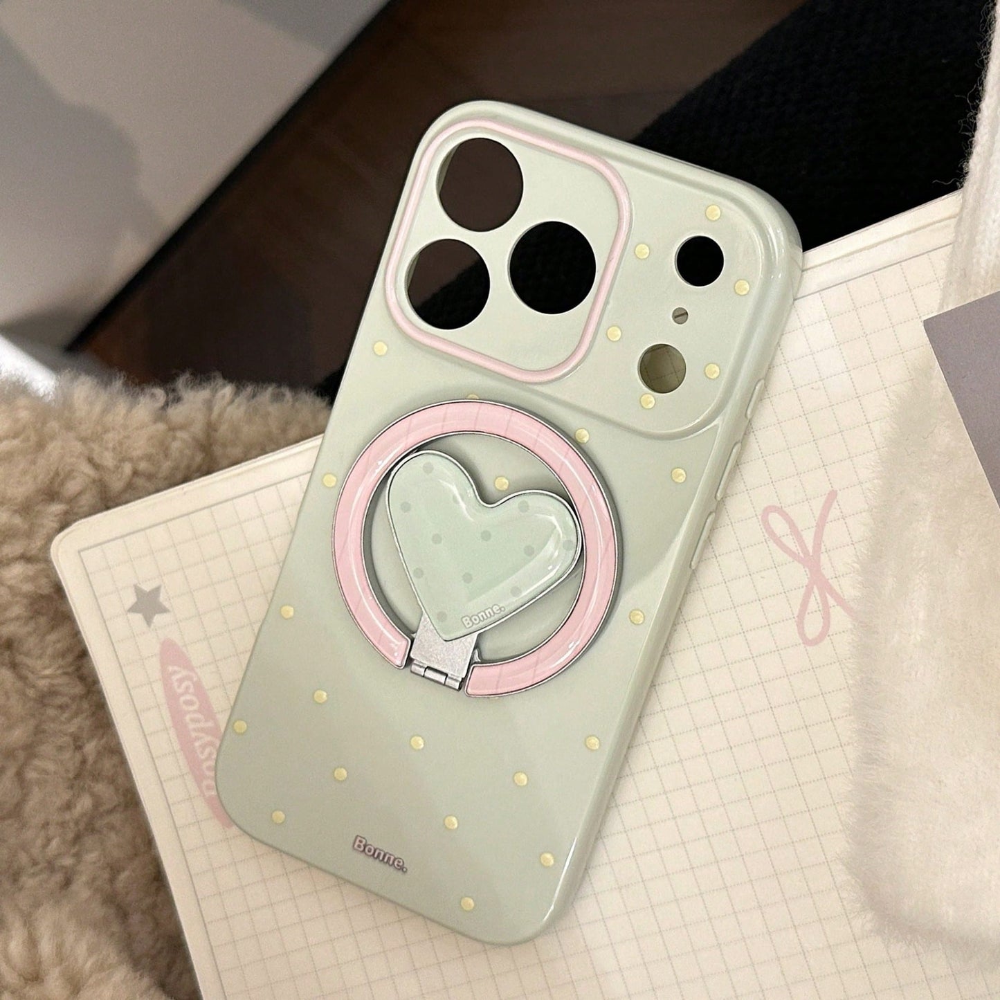 GUCADI Green Magnetic Phone Case With Pink And Lemon Polka Dots + Tiny Berry Polka Dots, Heart-Shaped Magnetic Stand, Fresh Unique Polka Dot Design, Compatible With IPhone 17 Pro Max, Full Coverage Pr