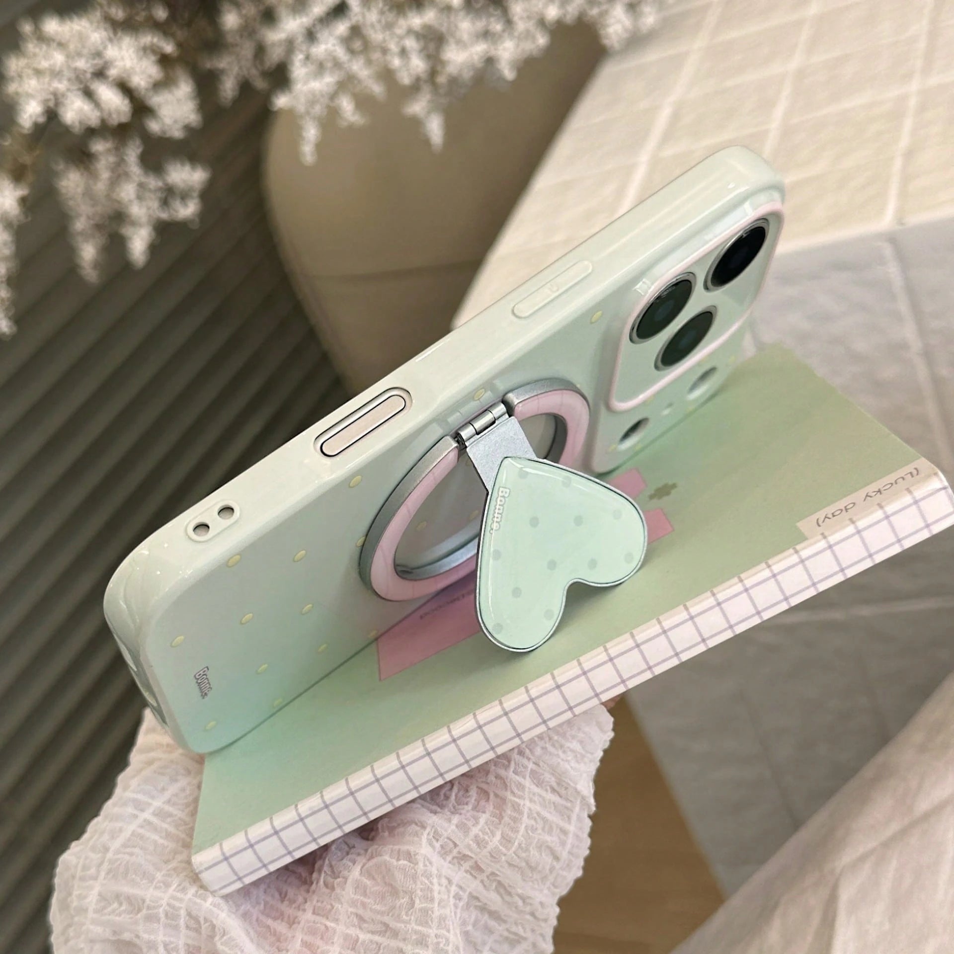 GUCADI Green Magnetic Phone Case With Pink And Lemon Polka Dots + Tiny Berry Polka Dots, Heart-Shaped Magnetic Stand, Fresh Unique Polka Dot Design, Compatible With IPhone 17 Pro Max, Full Coverage Pr