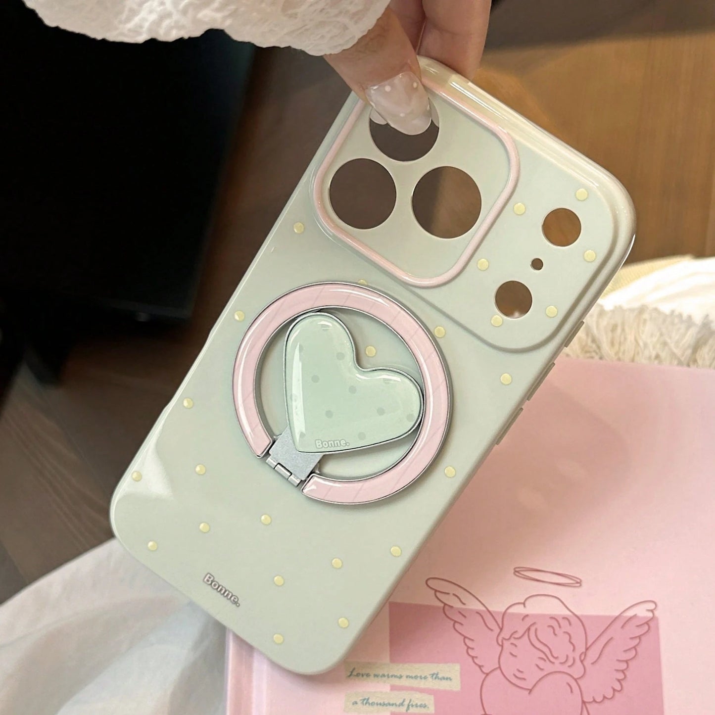 GUCADI Green Magnetic Phone Case With Pink And Lemon Polka Dots + Tiny Berry Polka Dots, Heart-Shaped Magnetic Stand, Fresh Unique Polka Dot Design, Compatible With IPhone 17 Pro Max, Full Coverage Pr