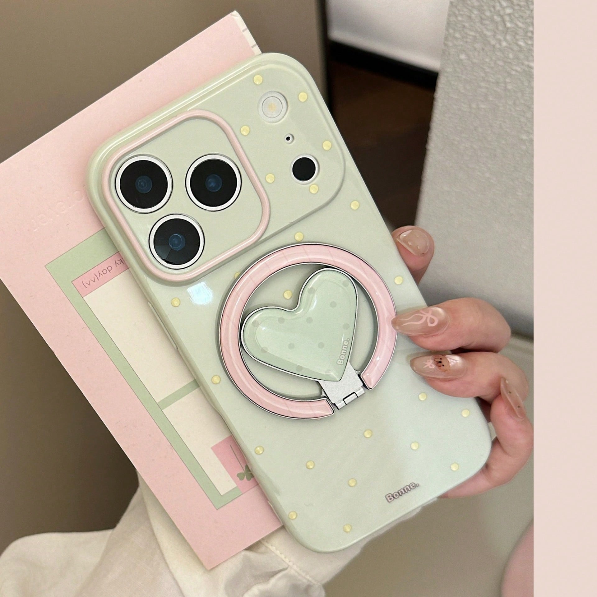 GUCADI Green Magnetic Phone Case With Pink And Lemon Polka Dots + Tiny Berry Polka Dots, Heart-Shaped Magnetic Stand, Fresh Unique Polka Dot Design, Compatible With IPhone 17 Pro Max, Full Coverage Pr