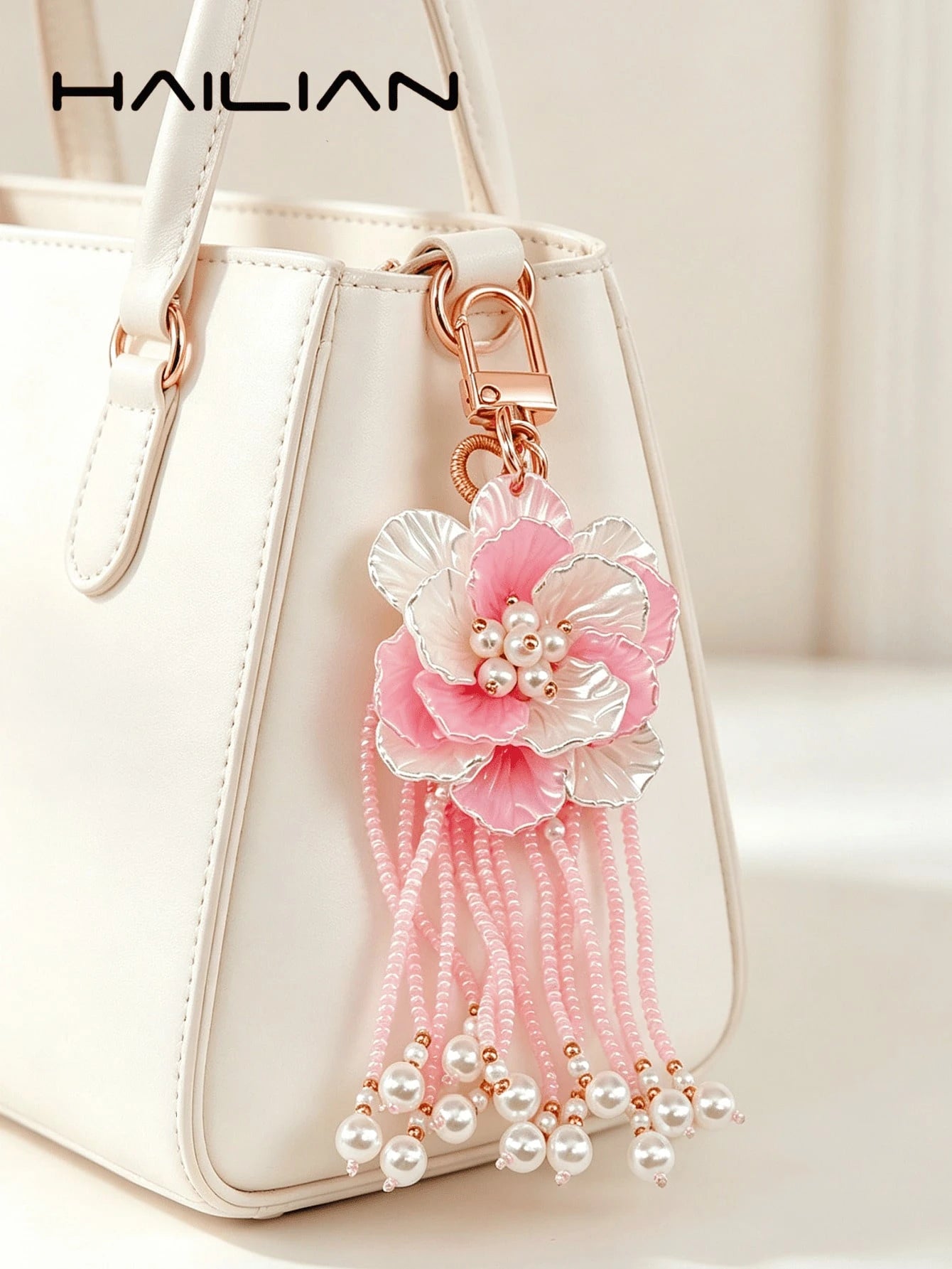 HAILIAN 1pc Bohemian Style White Flower Beaded Tassel Bag Charm, Cute Pearl Women's Handbag Pendant