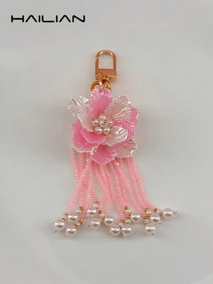 HAILIAN 1pc Bohemian Style White Flower Beaded Tassel Bag Charm, Cute Pearl Women's Handbag Pendant