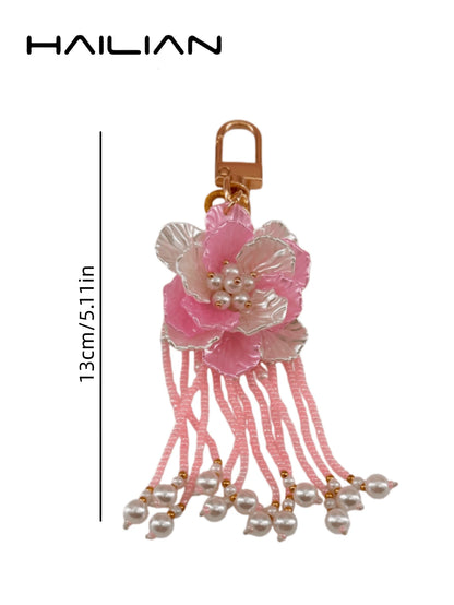 HAILIAN 1pc Bohemian Style White Flower Beaded Tassel Bag Charm, Cute Pearl Women's Handbag Pendant