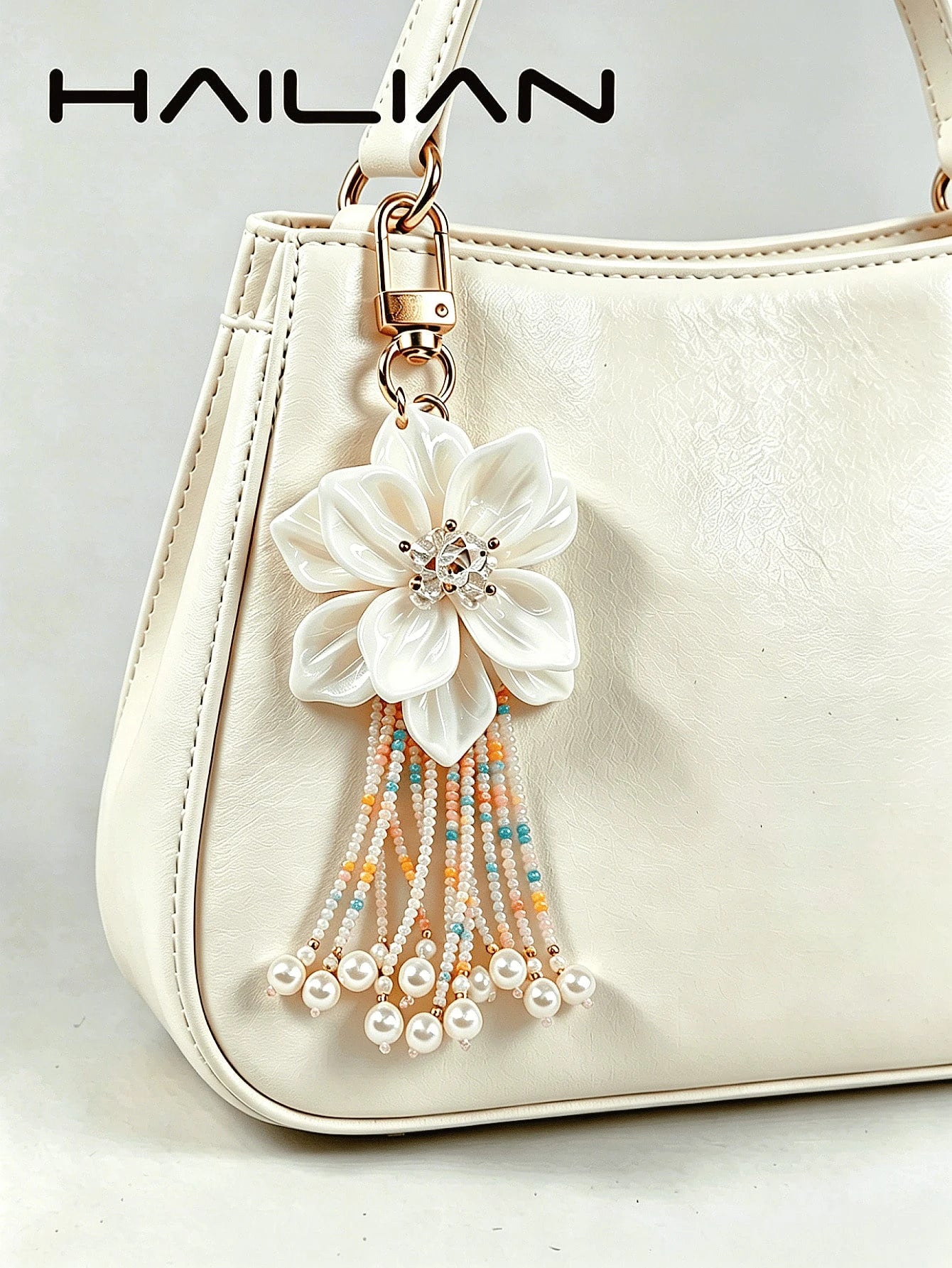HAILIAN 1pc Bohemian Style White Flower Beaded Tassel Bag Charm, Cute Pearl Women's Handbag Pendant
