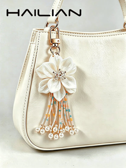HAILIAN 1pc Bohemian Style White Flower Beaded Tassel Bag Charm, Cute Pearl Women's Handbag Pendant