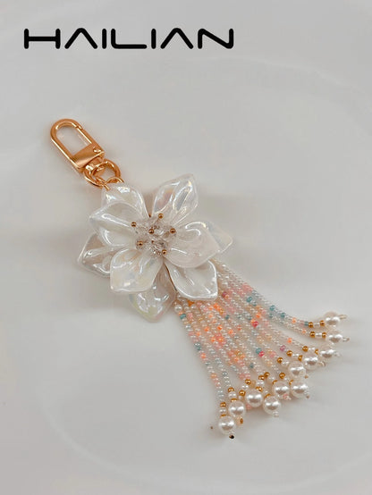 HAILIAN 1pc Bohemian Style White Flower Beaded Tassel Bag Charm, Cute Pearl Women's Handbag Pendant
