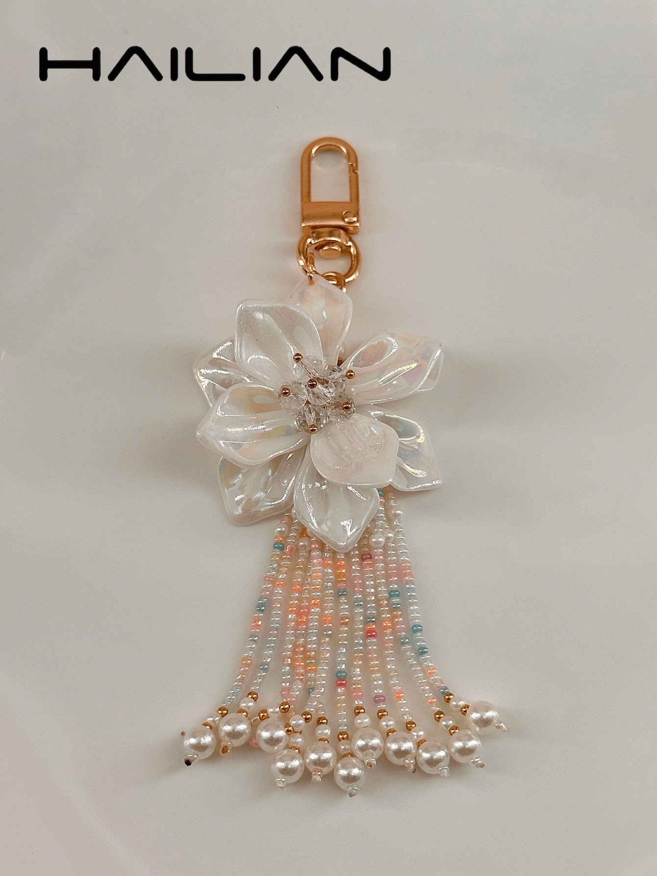 HAILIAN 1pc Bohemian Style White Flower Beaded Tassel Bag Charm, Cute Pearl Women's Handbag Pendant