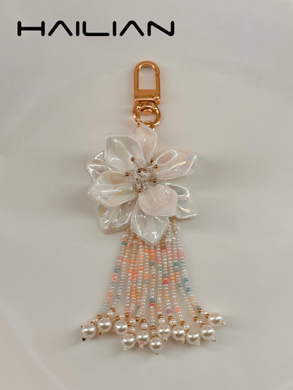 HAILIAN 1pc Bohemian Style White Flower Beaded Tassel Bag Charm, Cute Pearl Women's Handbag Pendant
