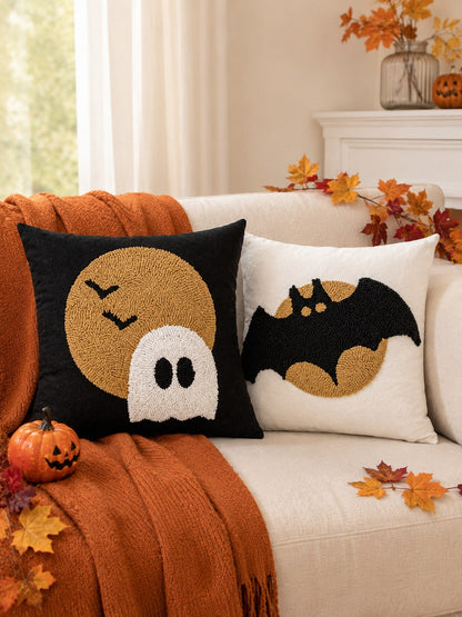 Halloween Decorative Tufted Embroidered Pillowcase 1pc/2pcs Ghost Moon Bat Spooky Pattern Hidden Zipper 45x45cm Trick Or Treat Autumn Decor Pillow Cover (Insert Not Included) Suitable For Sofa Bedroom