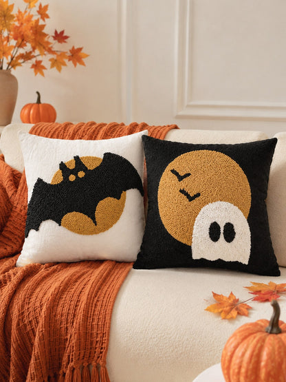 Halloween Decorative Tufted Embroidered Pillowcase 1pc/2pcs Ghost Moon Bat Spooky Pattern Hidden Zipper 45x45cm Trick Or Treat Autumn Decor Pillow Cover (Insert Not Included) Suitable For Sofa Bedroom