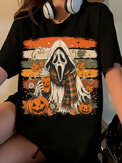 Halloween Ghost Face Pumpkin Spice Latte Vintage Striped T Shirt Women Autumn Fall Graphic Tee Casual Short Sleeve Top