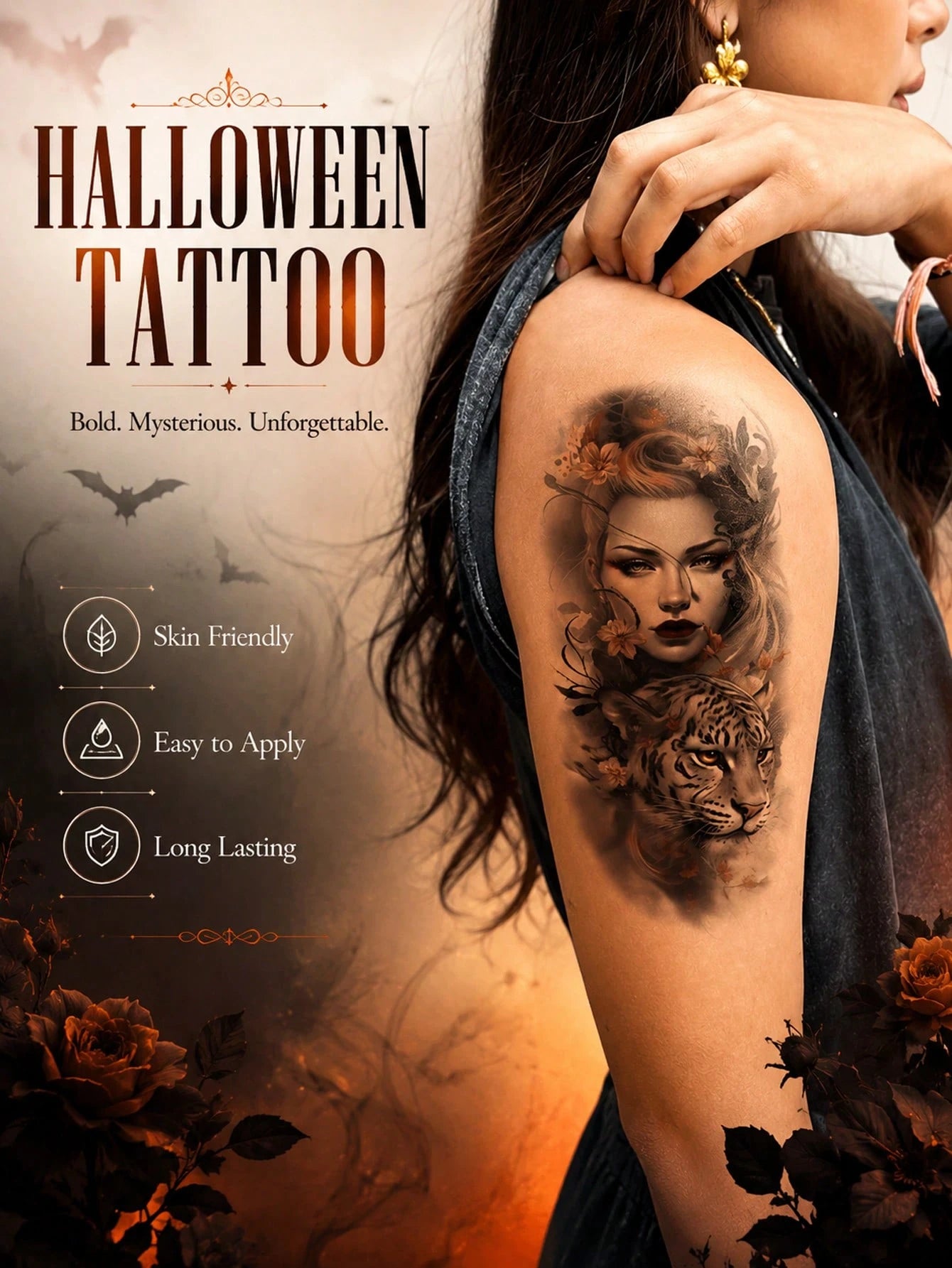Halloween Temporary Tattoo Sticker For Women, Dark Fantasy Tattoo Design With Mysterious Female Portrait & Tiger, Gothic Beauty Body Art, Realistic Fake Tattoo, Waterproof Long Lasting Temporary Tatto