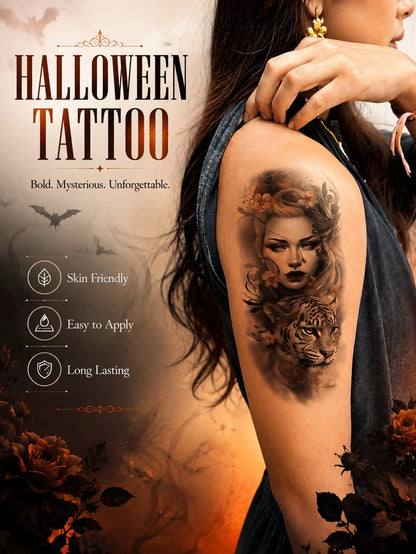 Halloween Temporary Tattoo Sticker For Women, Dark Fantasy Tattoo Design With Mysterious Female Portrait & Tiger, Gothic Beauty Body Art, Realistic Fake Tattoo, Waterproof Long Lasting Temporary Tatto