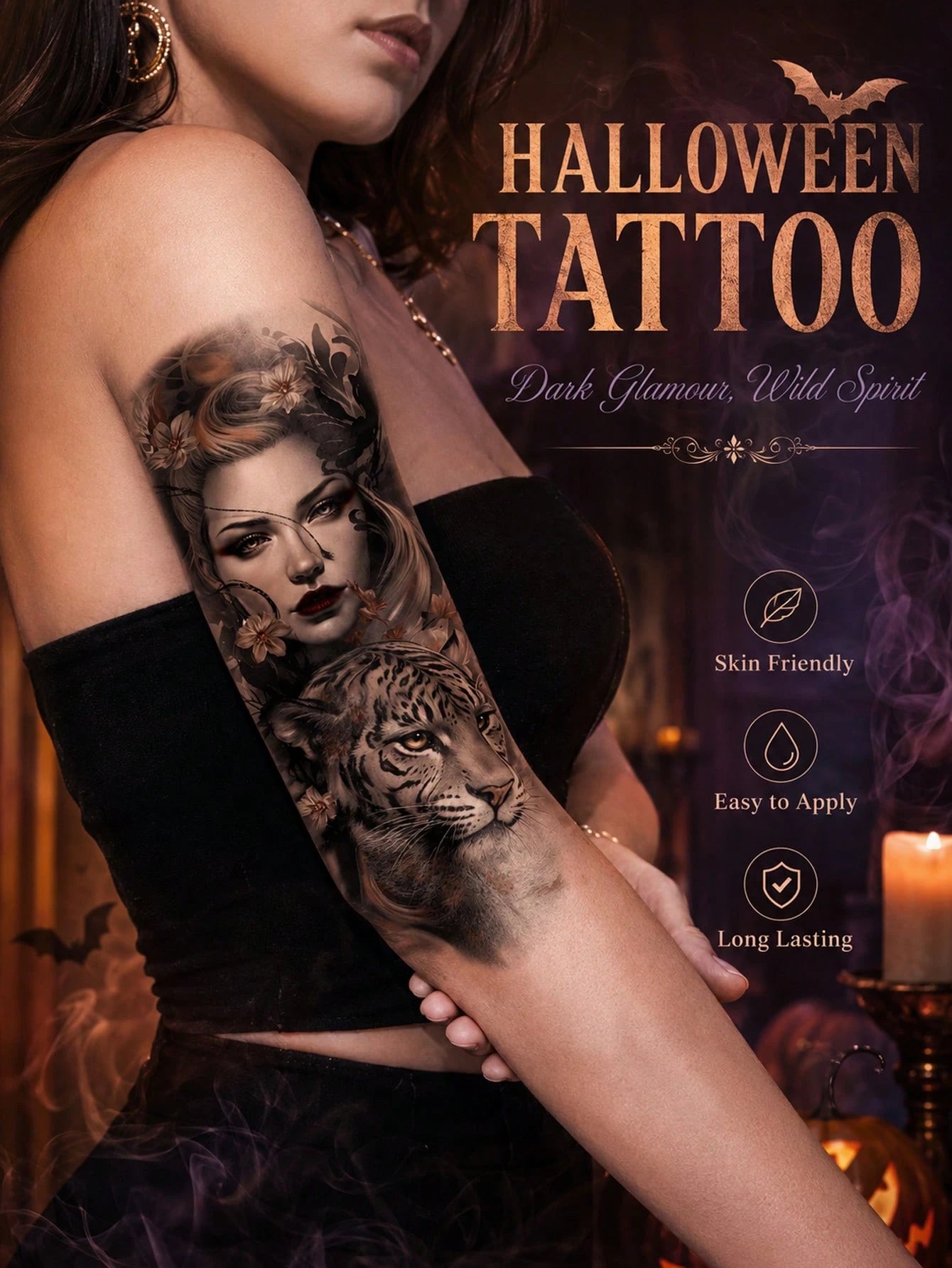 Halloween Temporary Tattoo Sticker For Women, Dark Fantasy Tattoo Design With Mysterious Female Portrait & Tiger, Gothic Beauty Body Art, Realistic Fake Tattoo, Waterproof Long Lasting Temporary Tatto