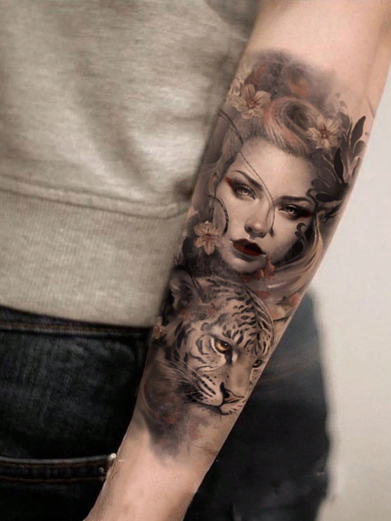 Halloween Temporary Tattoo Sticker For Women, Dark Fantasy Tattoo Design With Mysterious Female Portrait & Tiger, Gothic Beauty Body Art, Realistic Fake Tattoo, Waterproof Long Lasting Temporary Tatto