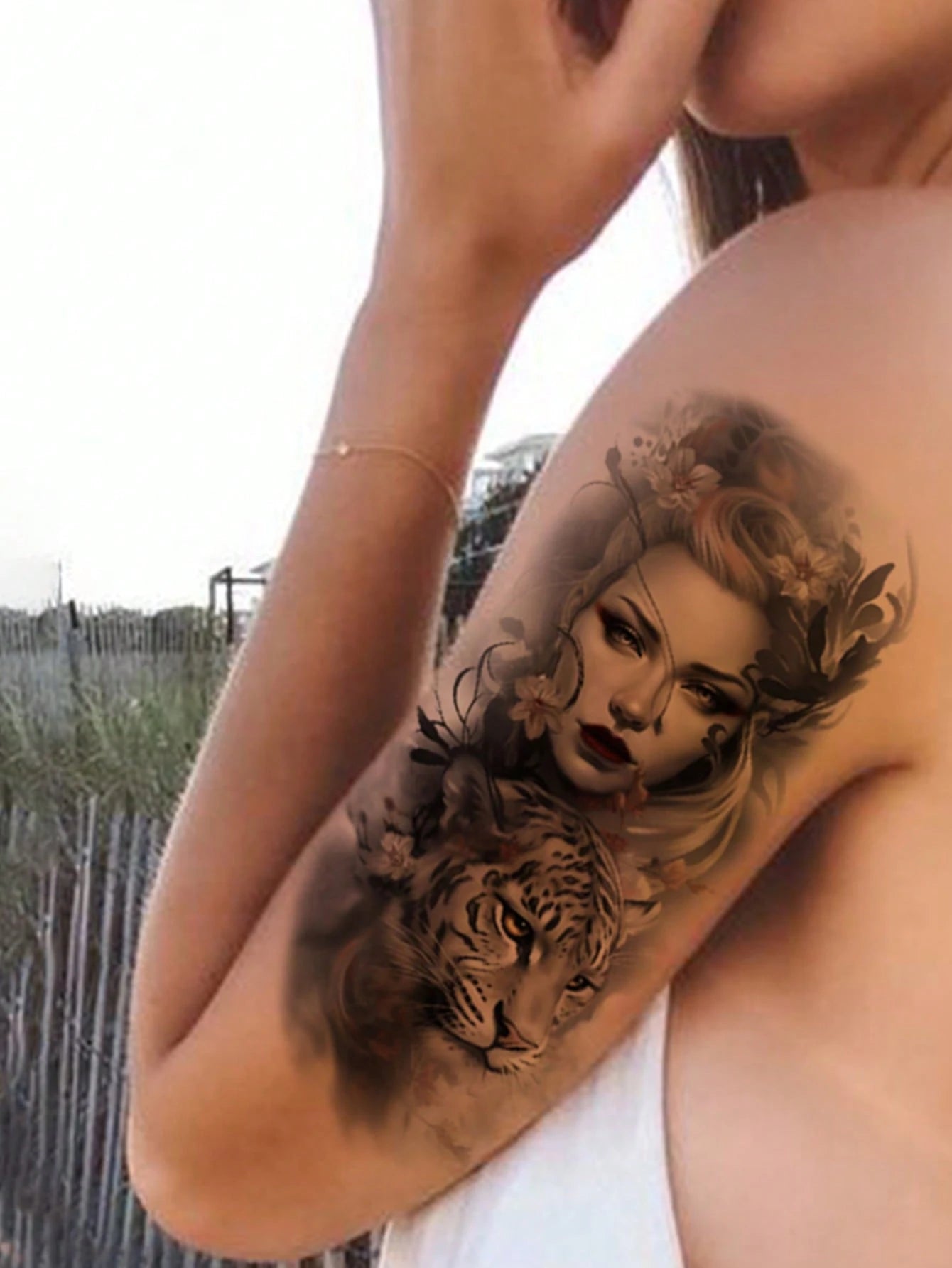 Halloween Temporary Tattoo Sticker For Women, Dark Fantasy Tattoo Design With Mysterious Female Portrait & Tiger, Gothic Beauty Body Art, Realistic Fake Tattoo, Waterproof Long Lasting Temporary Tatto