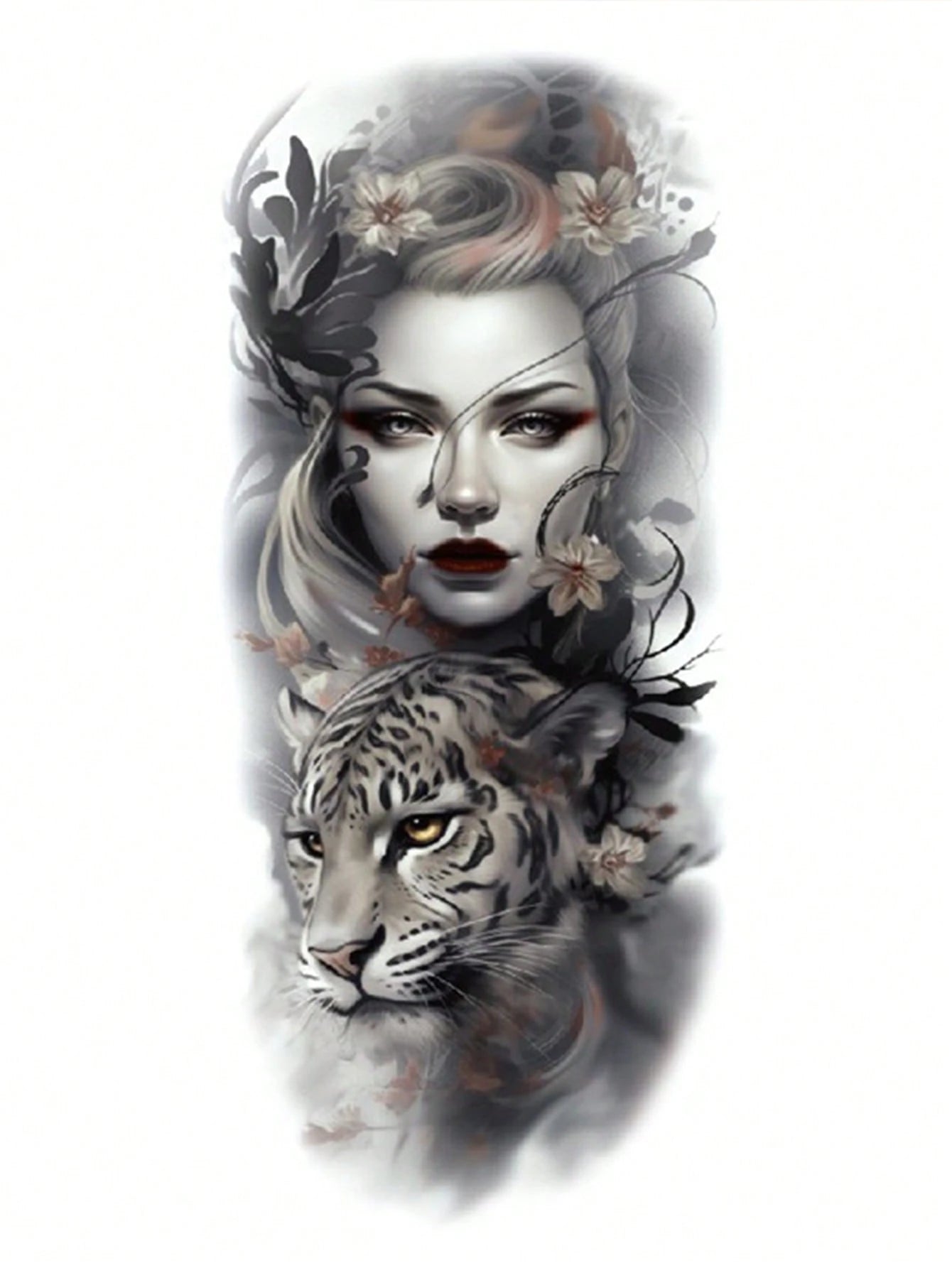 Halloween Temporary Tattoo Sticker For Women, Dark Fantasy Tattoo Design With Mysterious Female Portrait & Tiger, Gothic Beauty Body Art, Realistic Fake Tattoo, Waterproof Long Lasting Temporary Tatto