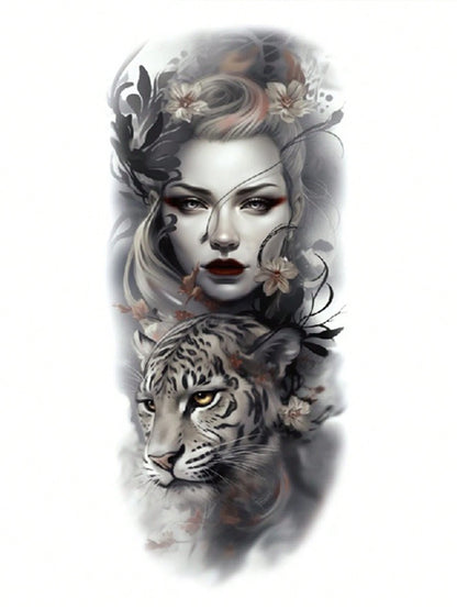Halloween Temporary Tattoo Sticker For Women, Dark Fantasy Tattoo Design With Mysterious Female Portrait & Tiger, Gothic Beauty Body Art, Realistic Fake Tattoo, Waterproof Long Lasting Temporary Tatto
