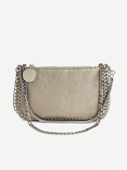 Handmade Chain Weave Multipurpose Silver Metallic Crossbody Bag, Can Be Used As Handbag, Shoulder Bag Or Messenger Bag