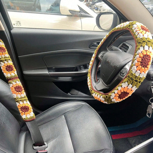 Handmade Crochet Sunflower Granny Square Steering Wheel Cover, Cute Floral Seatbelt Cover For Women, Car Interior Decoration