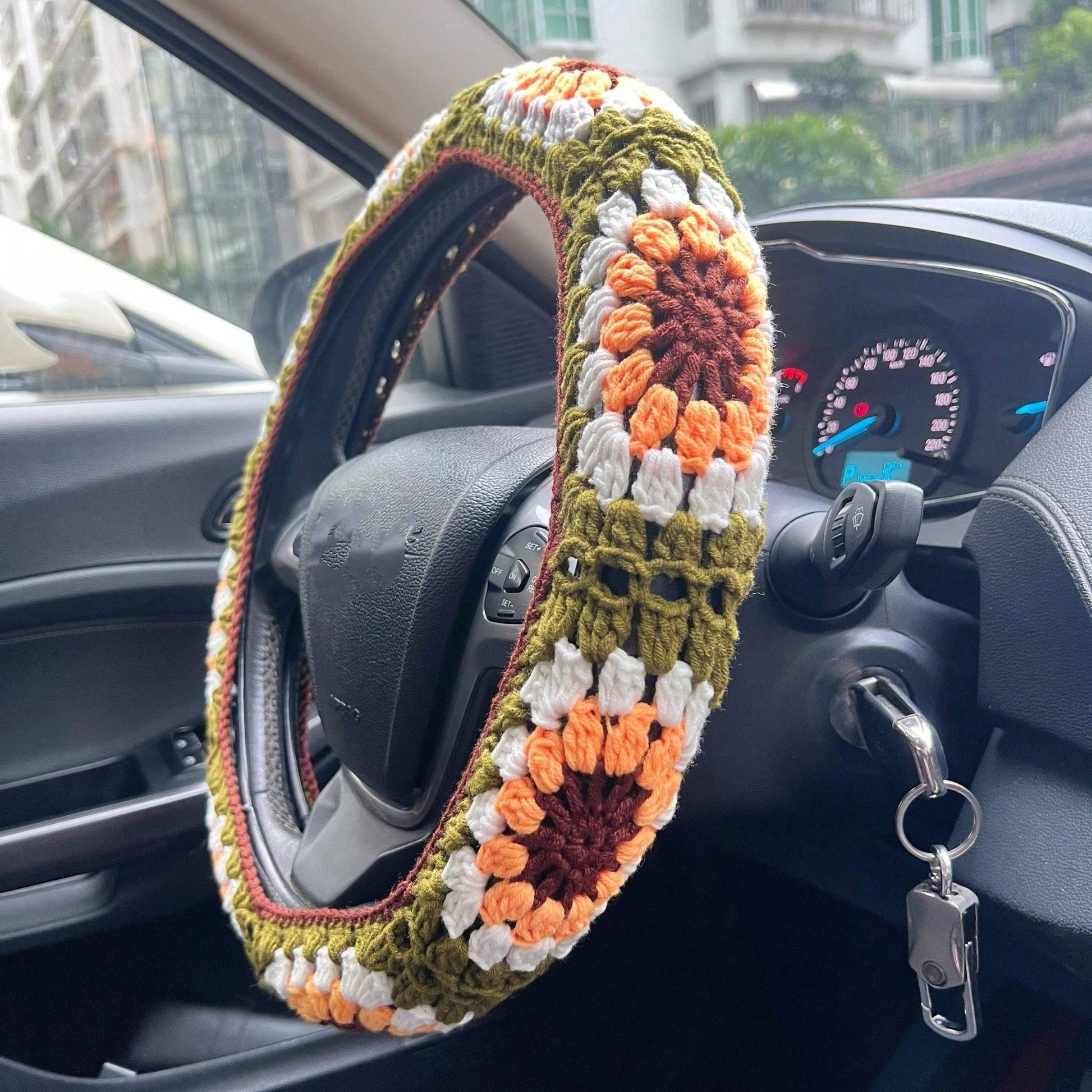 Handmade Crochet Sunflower Granny Square Steering Wheel Cover, Cute Floral Seatbelt Cover For Women, Car Interior Decoration