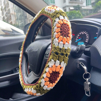 Handmade Crochet Sunflower Granny Square Steering Wheel Cover, Cute Floral Seatbelt Cover For Women, Car Interior Decoration