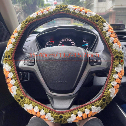Handmade Crochet Sunflower Granny Square Steering Wheel Cover, Cute Floral Seatbelt Cover For Women, Car Interior Decoration