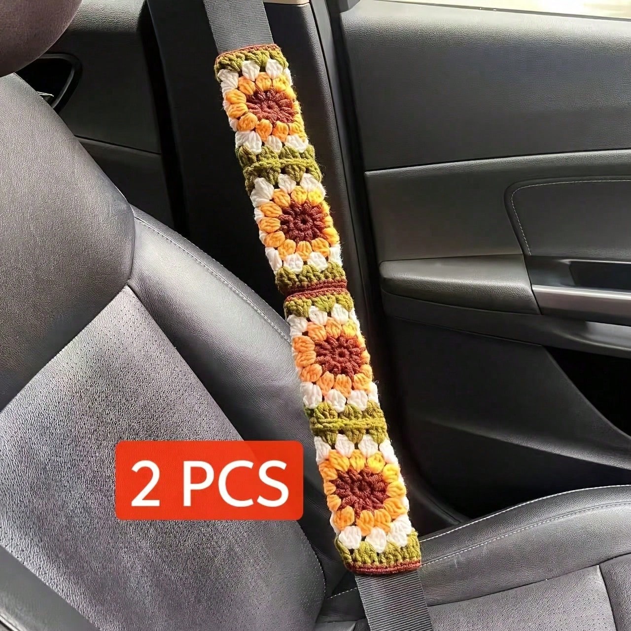 Handmade Crochet Sunflower Granny Square Steering Wheel Cover, Cute Floral Seatbelt Cover For Women, Car Interior Decoration