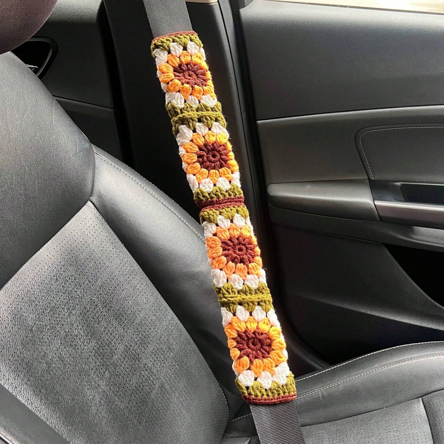 Handmade Crochet Sunflower Granny Square Steering Wheel Cover, Cute Floral Seatbelt Cover For Women, Car Interior Decoration