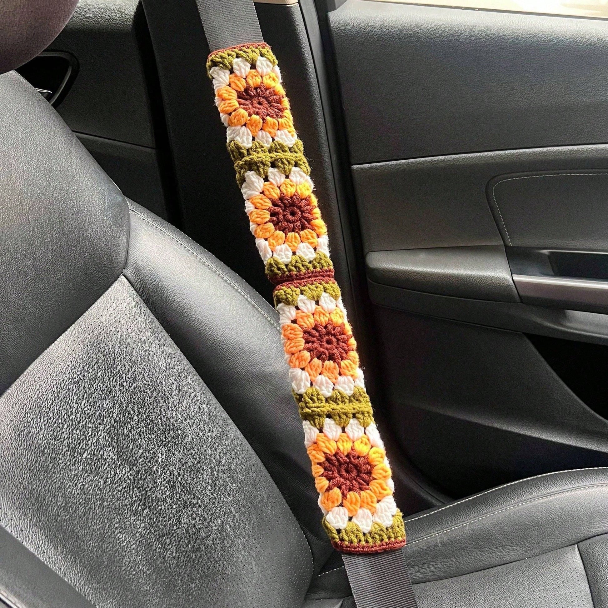 Handmade Crochet Sunflower Granny Square Steering Wheel Cover, Cute Floral Seatbelt Cover For Women, Car Interior Decoration