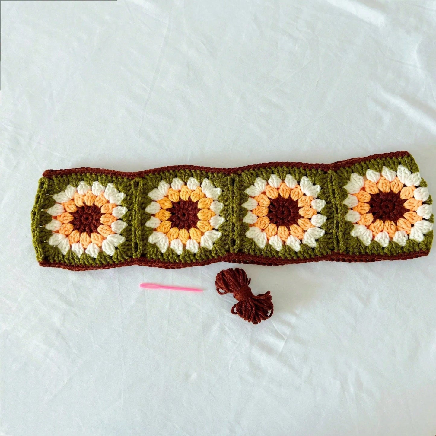 Handmade Crochet Sunflower Granny Square Steering Wheel Cover, Cute Floral Seatbelt Cover For Women, Car Interior Decoration
