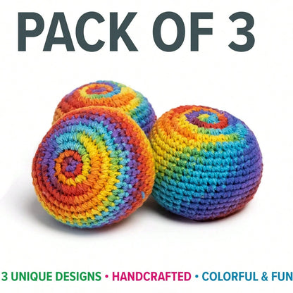 Handmade Crocheted Footbag- Pack Of 3 – Durable Woven Cotton Kick Ball For Style Games, Juggling, Tricks & Outdoor Games- Great As Stress Relief Fidget Toys– Made In Nepal