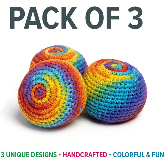 Handmade Crocheted Footbag- Pack Of 3 – Durable Woven Cotton Kick Ball For Style Games, Juggling, Tricks & Outdoor Games- Great As Stress Relief Fidget Toys– Made In Nepal