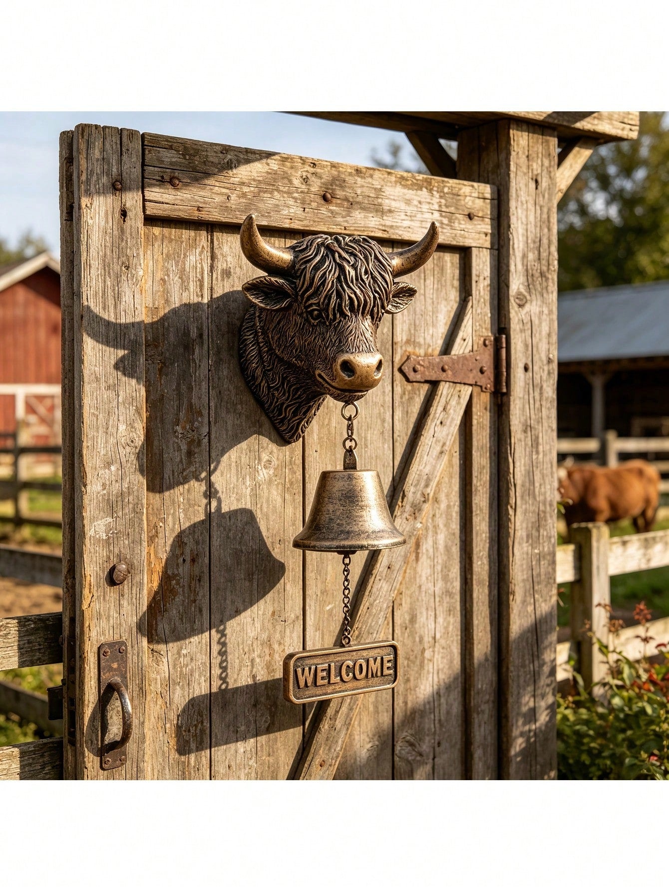 Handmade Highland Cow Welcome Bell, 3D Vintage Style Highland Cow Doorbell, Rustic Wall-Mounted Doorbell- Crisp Sound, Suitable For Home, Garden, Porch, Ranch, Outdoor Decorative Hanging Bell Gift