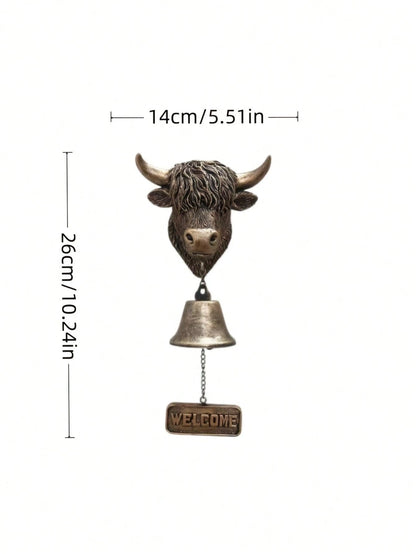 Handmade Highland Cow Welcome Bell, 3D Vintage Style Highland Cow Doorbell, Rustic Wall-Mounted Doorbell- Crisp Sound, Suitable For Home, Garden, Porch, Ranch, Outdoor Decorative Hanging Bell Gift