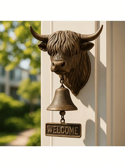 Handmade Highland Cow Welcome Bell, 3D Vintage Style Highland Cow Doorbell, Rustic Wall-Mounted Doorbell- Crisp Sound, Suitable For Home, Garden, Porch, Ranch, Outdoor Decorative Hanging Bell Gift