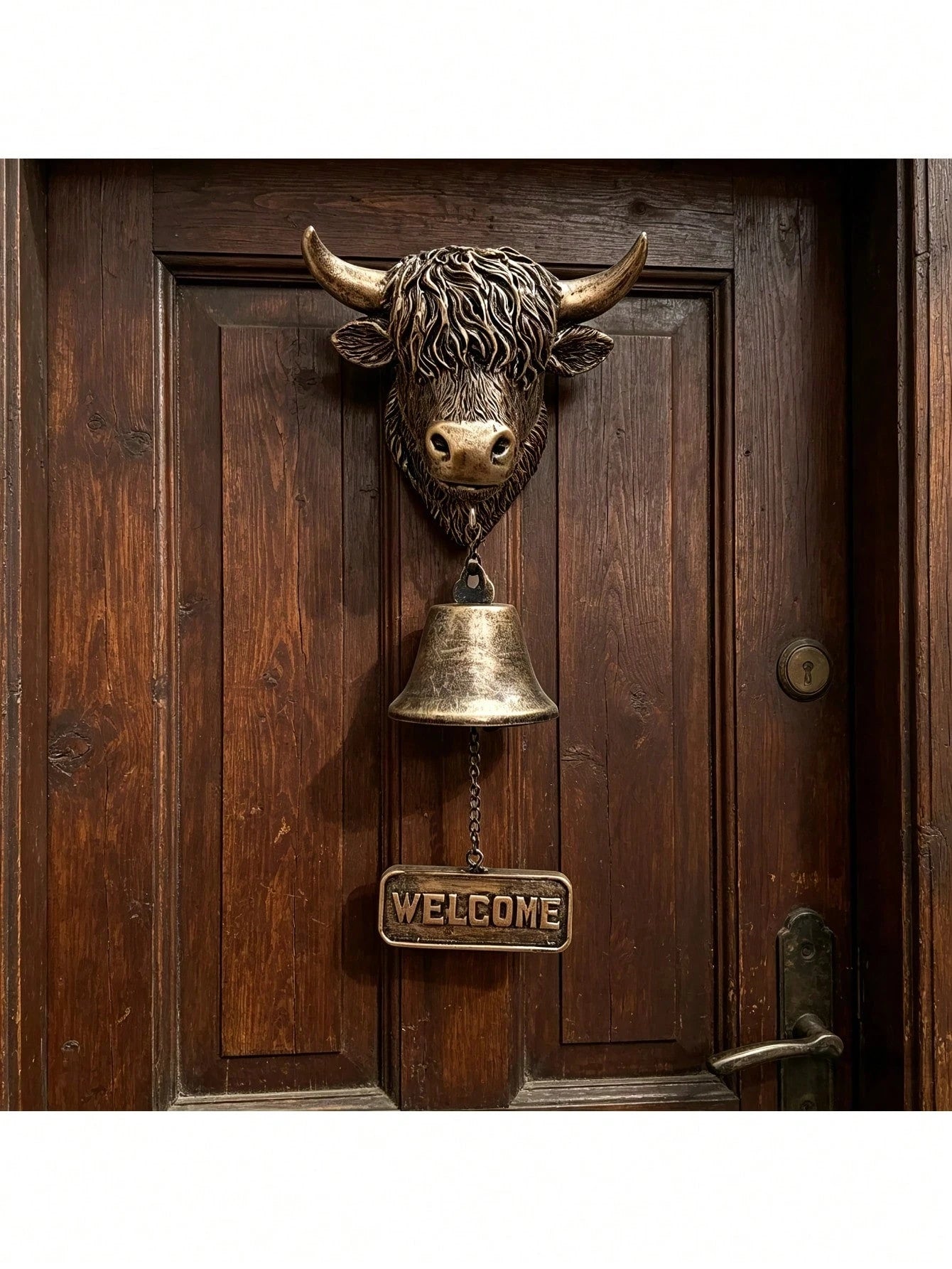 Handmade Highland Cow Welcome Bell, 3D Vintage Style Highland Cow Doorbell, Rustic Wall-Mounted Doorbell- Crisp Sound, Suitable For Home, Garden, Porch, Ranch, Outdoor Decorative Hanging Bell Gift