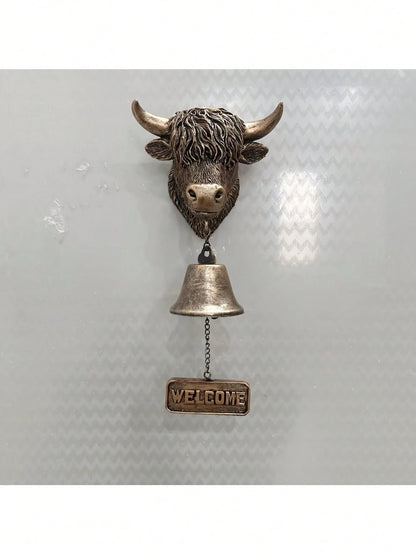 Handmade Highland Cow Welcome Bell, 3D Vintage Style Highland Cow Doorbell, Rustic Wall-Mounted Doorbell- Crisp Sound, Suitable For Home, Garden, Porch, Ranch, Outdoor Decorative Hanging Bell Gift