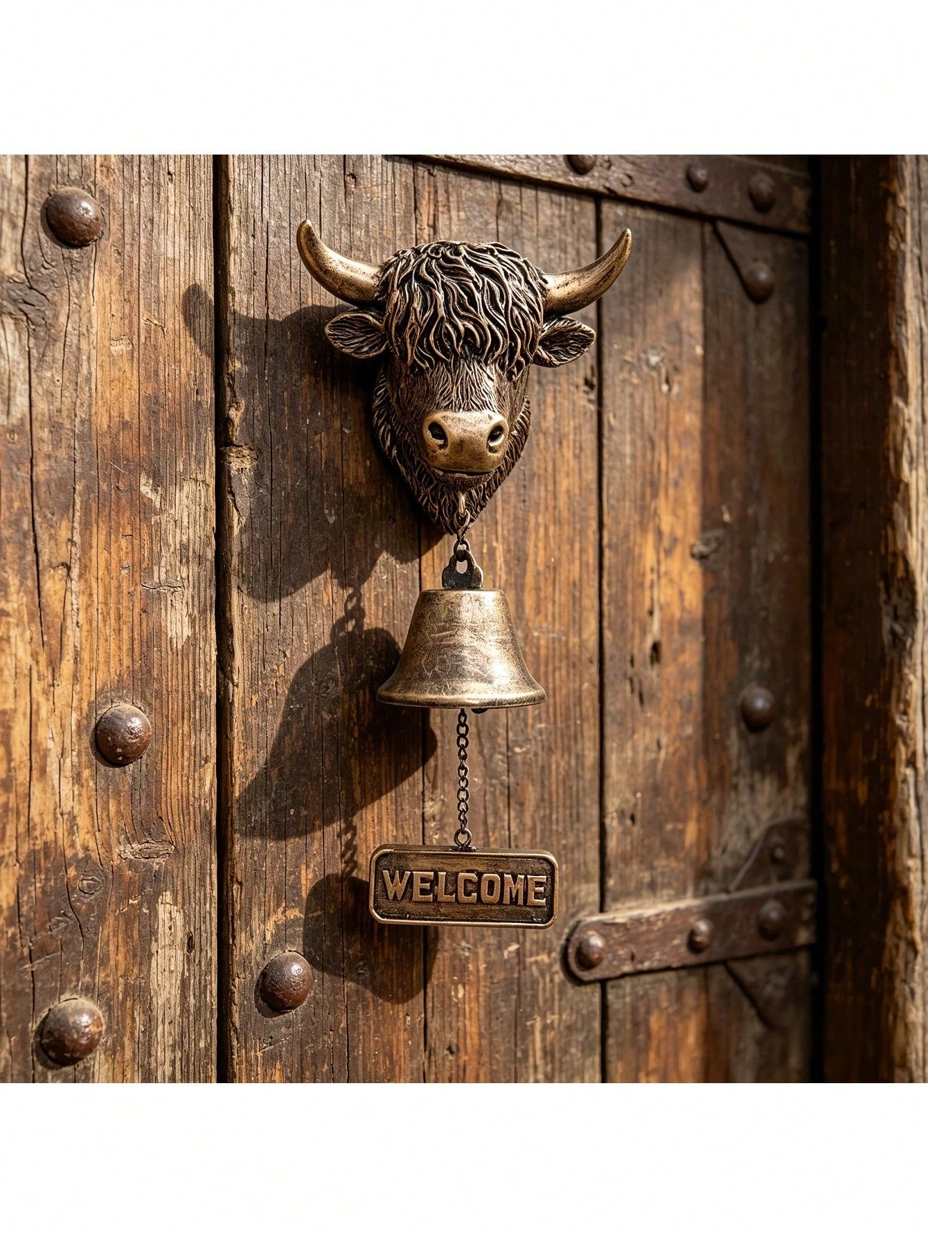 Handmade Highland Cow Welcome Bell, 3D Vintage Style Highland Cow Doorbell, Rustic Wall-Mounted Doorbell- Crisp Sound, Suitable For Home, Garden, Porch, Ranch, Outdoor Decorative Hanging Bell Gift