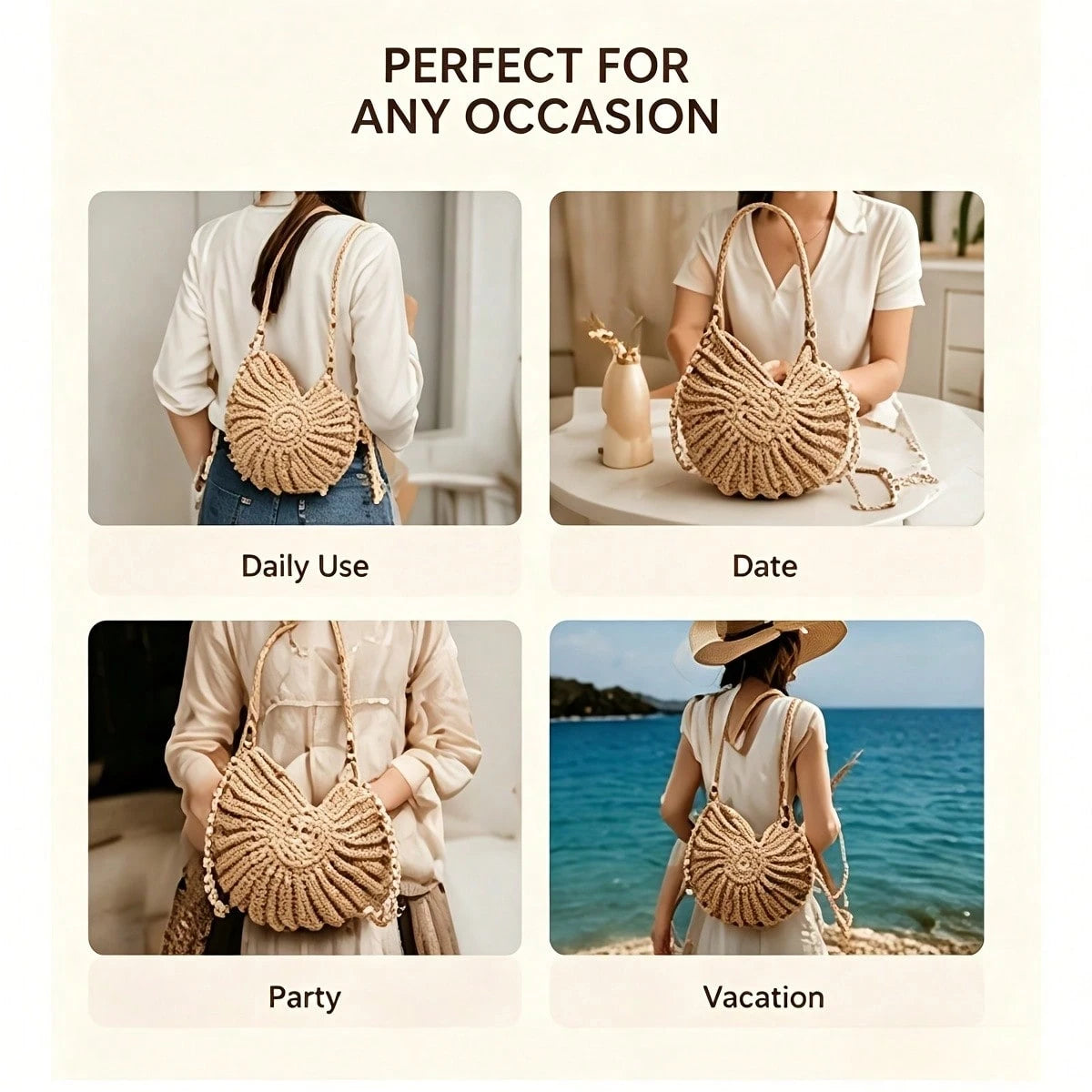 Handwoven Round Beach Tote Bag, Lightweight Crochet Shoulder Bag Summer Vacation, Shopping And Daily Outings, Spacious Boho Style Handbag