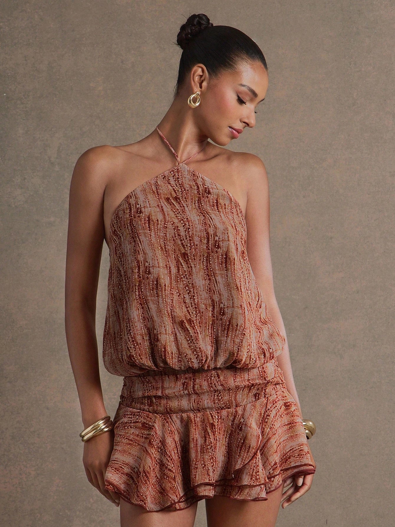 Hauture WOMEN'S HALTER NECK BUBBLE PRINTED CHIFFON LUREX SUMMER MINI DRESS