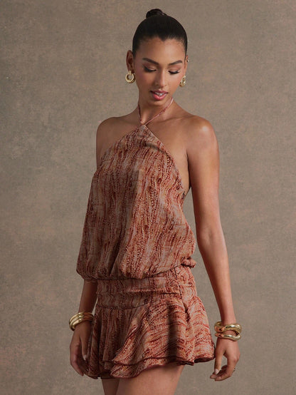 Hauture WOMEN'S HALTER NECK BUBBLE PRINTED CHIFFON LUREX SUMMER MINI DRESS