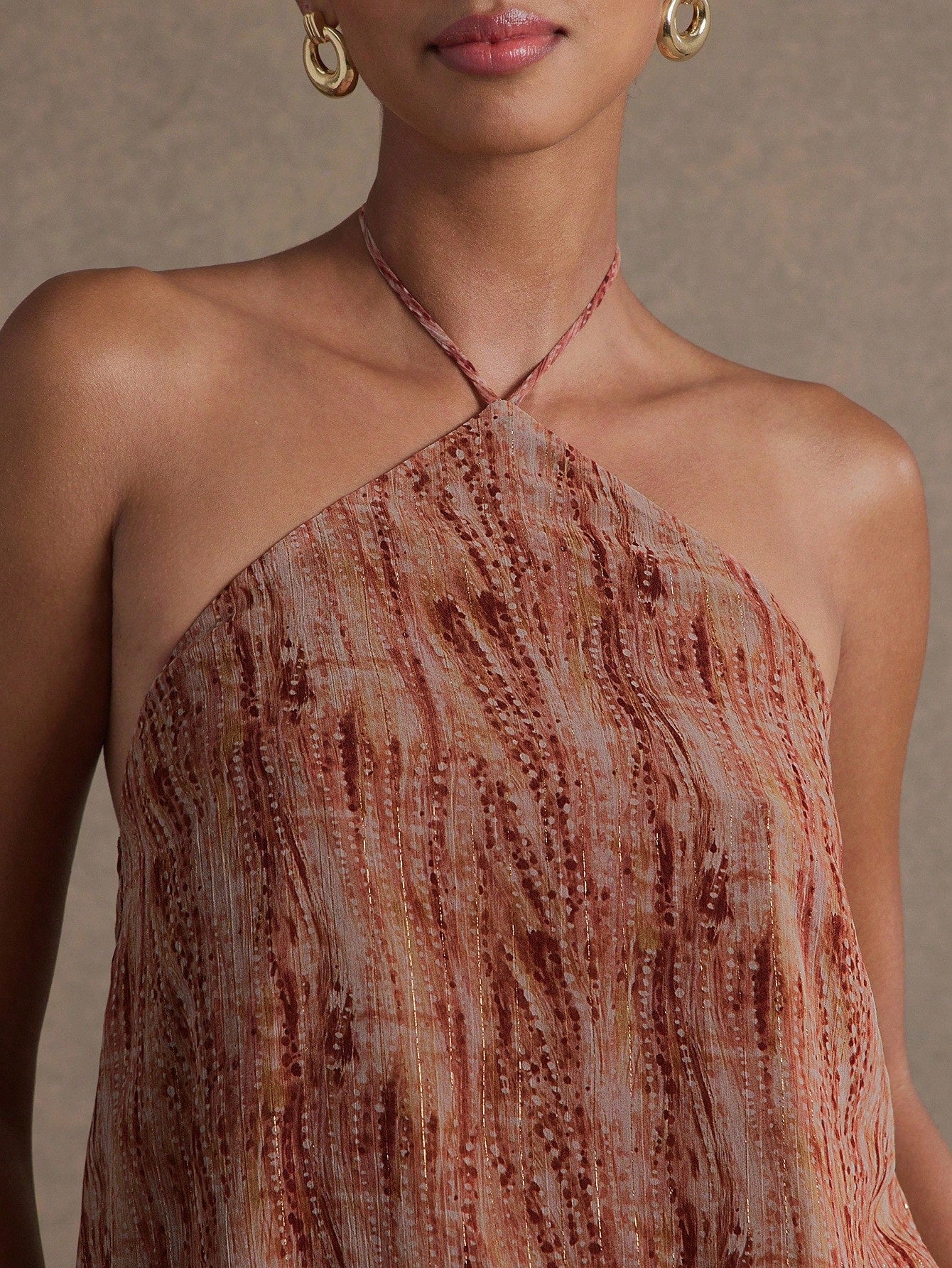 Hauture WOMEN'S HALTER NECK BUBBLE PRINTED CHIFFON LUREX SUMMER MINI DRESS