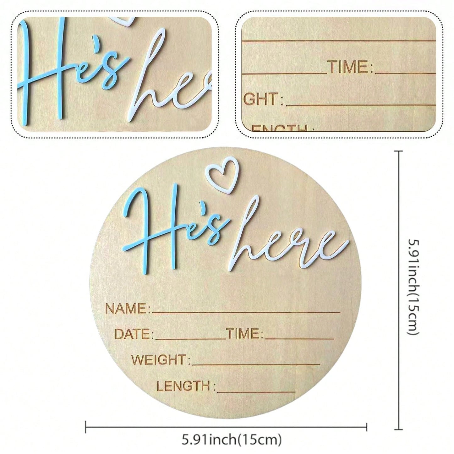 He’s Here Pregnancy Announcement 5.9 Inch Wooden "Hello World" Newborn Baby Announcement Plaque, Gender Reveal Sign, Decoration For Welcoming New Baby Boy (Blue- A)