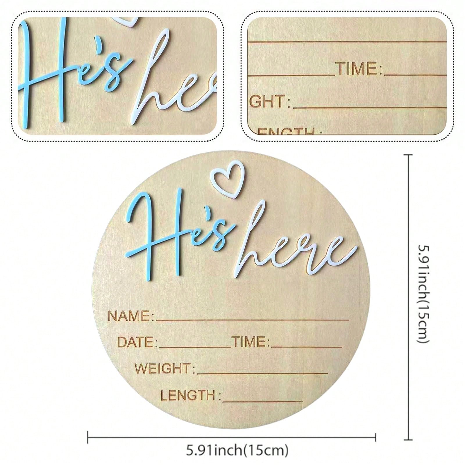 He’s Here Pregnancy Announcement 5.9 Inch Wooden "Hello World" Newborn Baby Announcement Plaque, Gender Reveal Sign, Decoration For Welcoming New Baby Boy (Blue- A)