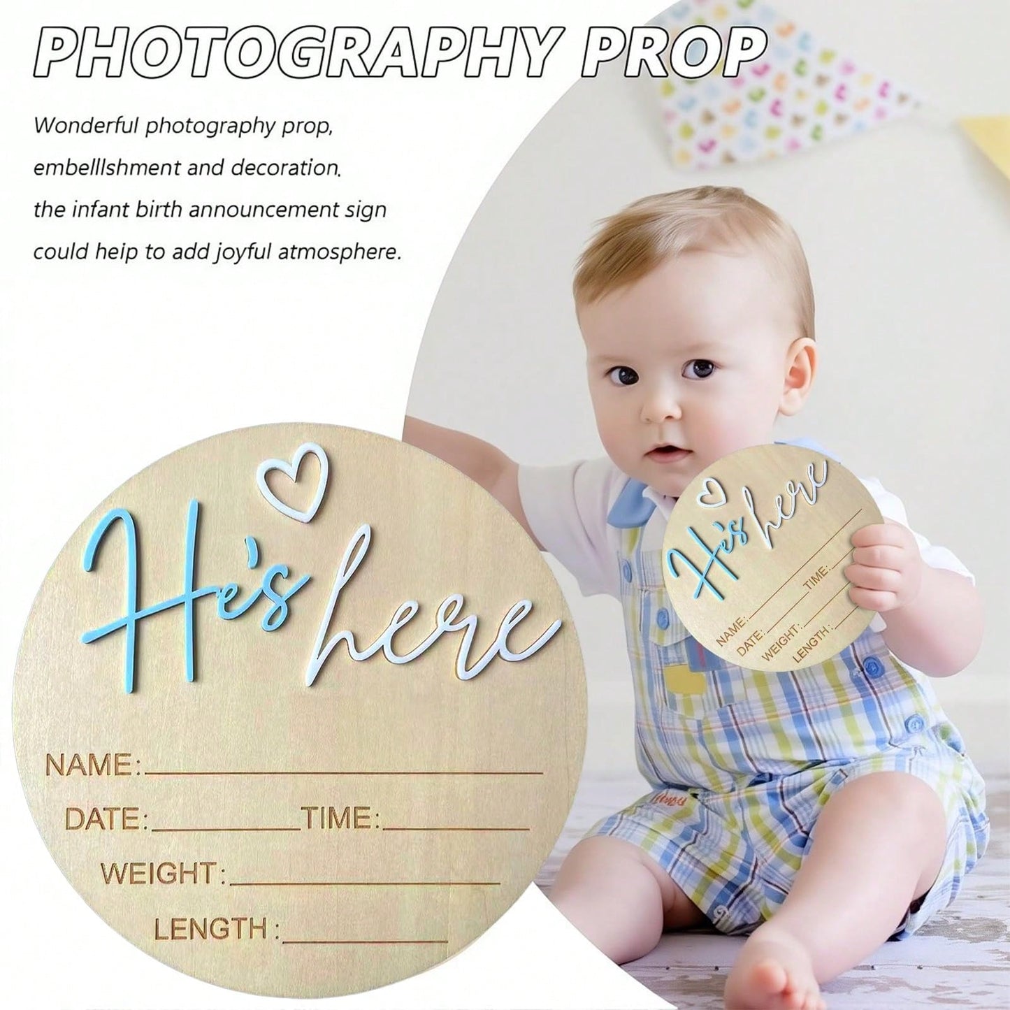 He’s Here Pregnancy Announcement 5.9 Inch Wooden "Hello World" Newborn Baby Announcement Plaque, Gender Reveal Sign, Decoration For Welcoming New Baby Boy (Blue- A)