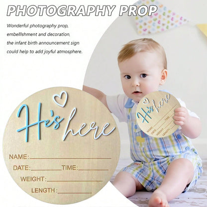 He’s Here Pregnancy Announcement 5.9 Inch Wooden "Hello World" Newborn Baby Announcement Plaque, Gender Reveal Sign, Decoration For Welcoming New Baby Boy (Blue- A)