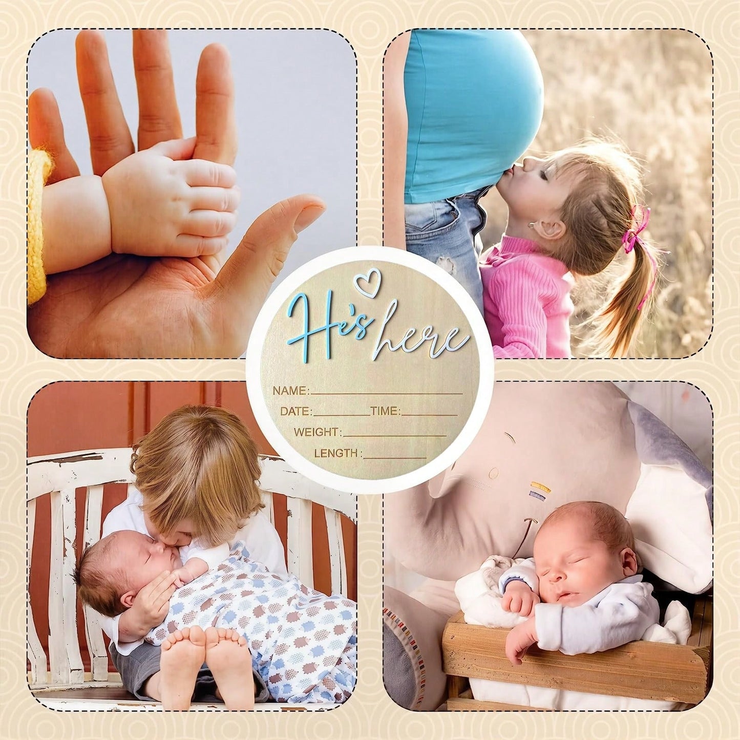 He’s Here Pregnancy Announcement 5.9 Inch Wooden "Hello World" Newborn Baby Announcement Plaque, Gender Reveal Sign, Decoration For Welcoming New Baby Boy (Blue- A)
